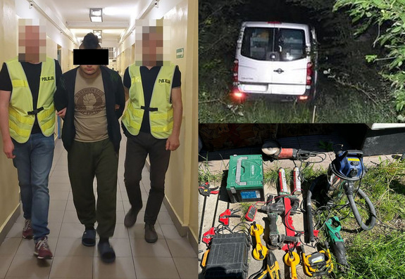 Kolaż zdjęć na których widać zatrzymanego mężczyznę oraz skradzione auto z narzędziami.
